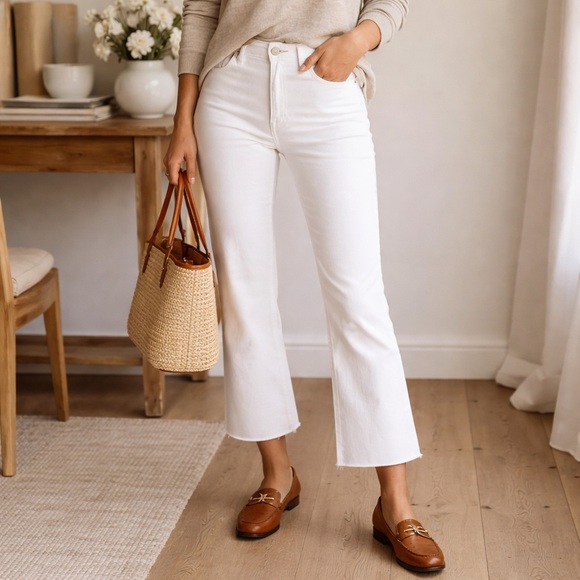 J. Crew Denim - J.Crew Mid Rise Flare Crop Jeans White Raw Hem Size 28 Coastal Preppy